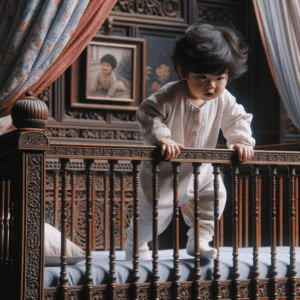 The baby climbs and is about to fall out of the crib high quality