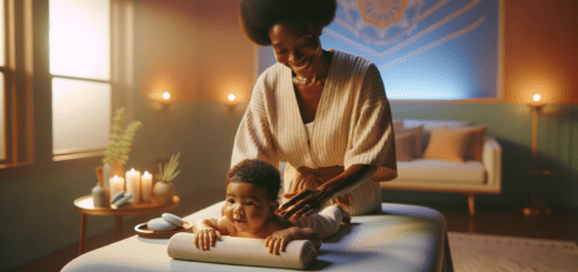 Create HD images depicting baby massage techniques. Include scenes of a parent gently massaging a baby's legs, tummy, chest, arms, back, and face. Show a cozy, calm environment with soft lighting, a soft blanket or towel, and baby-safe oil or lotion. Include a parent smiling and looking relaxed while massaging the baby, and the baby appearing calm and content. Ensure diversity in the images, showing parents and babies of different ethnicities