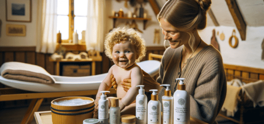 Create a image showing swedish mom using babies organic skincare products.HD image