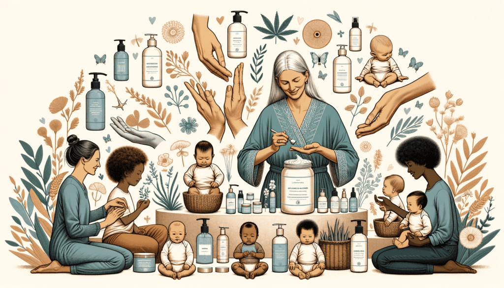 Create a image showing swedish mom using babies organic skincare products.HD image