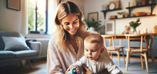 Create an HD image of a Swedish mother and baby. The mother is smiling and interacting warmly with her infant, who is approximately 6 months old. The setting is a cozy, well-lit Swedish home with modern Scandinavian decor. The baby is reaching for a toy, highlighting early developmental milestones. Both are dressed in soft, pastel-colored clothing, reflecting the gentle and nurturing atmosphere